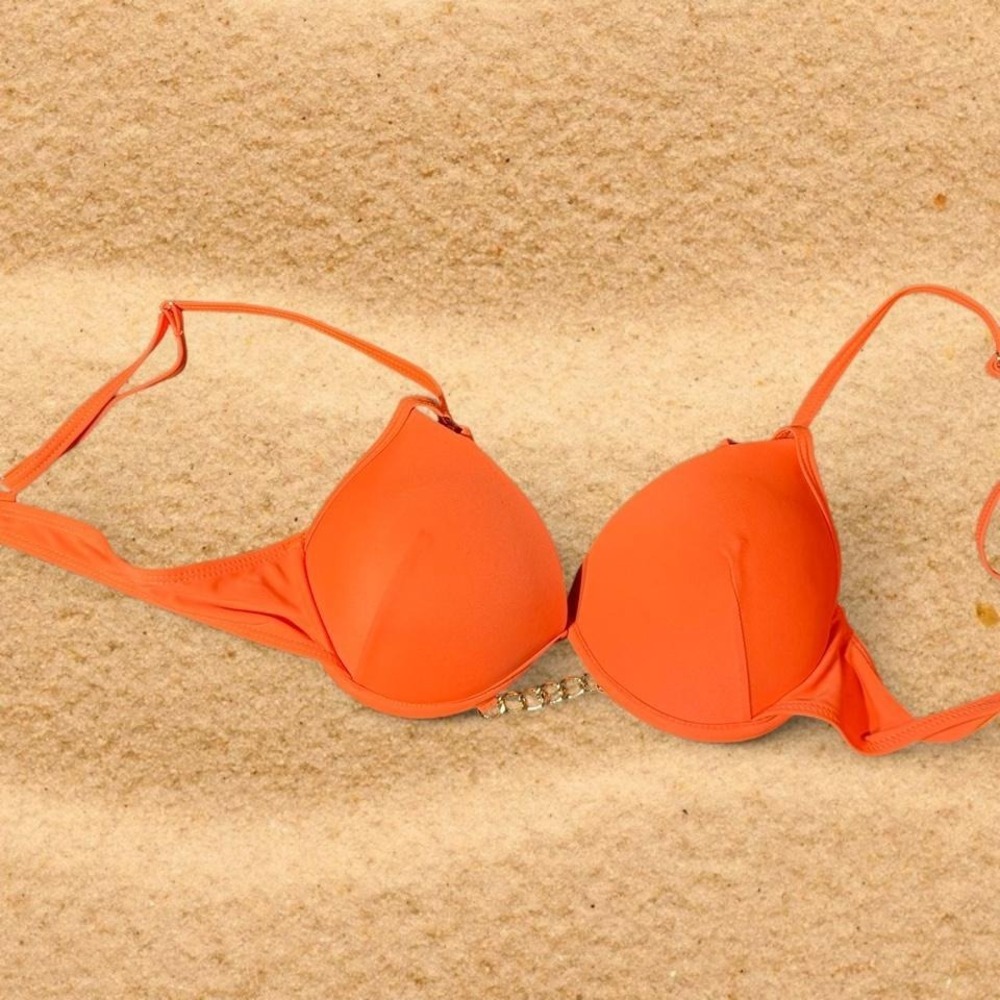 SHEIN Orange Push Up Bikini Top Gold Chain Detail Underwire Swimsuit Size M
